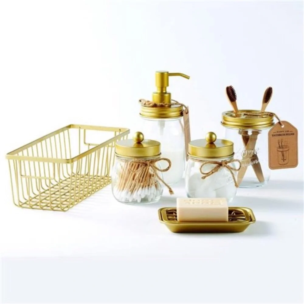 Premium Mason Jar Bathroom Accessory Set Rustic Farmhouse Decor Gold NWT